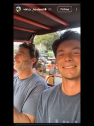 Screenshot from Hovland's Instagram story with his caddie / Source: @viktor_hovland on IG